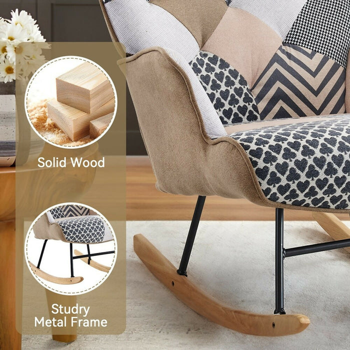 Patchwork Upholstered Rocking Chair Wingback Accent Glider with Solid Wood Rockers & Steel Frame 26" Wide Comfy Nursery & Living Room Rocker 330 lb Capacity