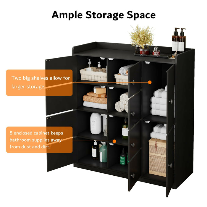 Bathroom Storage Cabinet Freestanding Floor Organizer with 8 Doors & Shelves Waterproof P2 MDF Modern White Storage Cupboard Bathroom, Entryway, Living Room