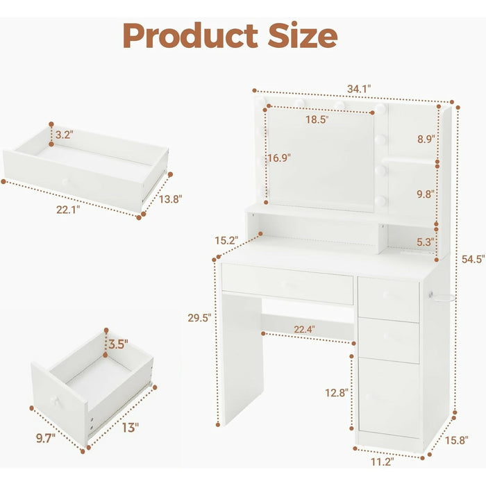 Vanity Desk with LED Mirror & Power Strip (White) ｜ 化妝枱套裝（白色，LED化妝鏡＋電源插座）