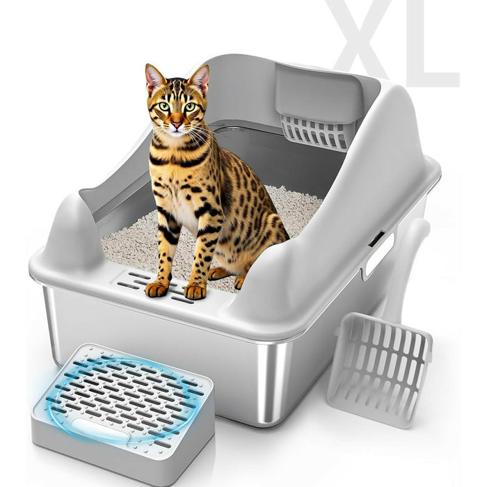 Extra Large Cat Litter Box for Big Cats, 25L Stainless Steel Litter Pan with High Sides, Non-Stick Odor-Free Surface, Step Pedal & Scoop Included – Grey