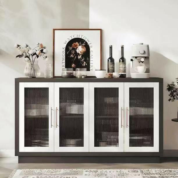Wooden 55.1"W Modern Sideboard Buffet with Fluted Glass Doors, Accent Cabinet Console Table TV Stand, Brown & White