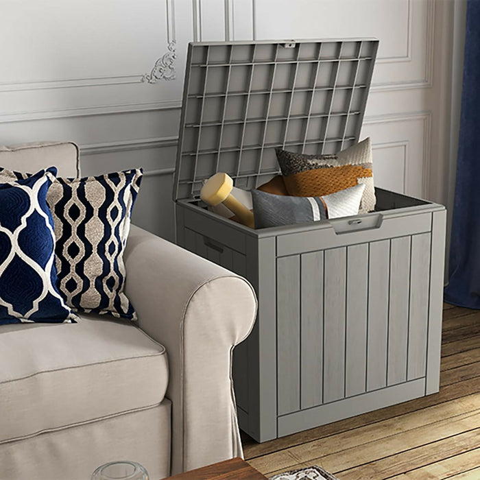 Outdoor Storage Box, Waterproof Resin Deck Storage Chest with Lockable Lid, Wood-Grain Look, Built-In Handles, All-Weather Patio Garden Pool Cushion Storage (Grey)