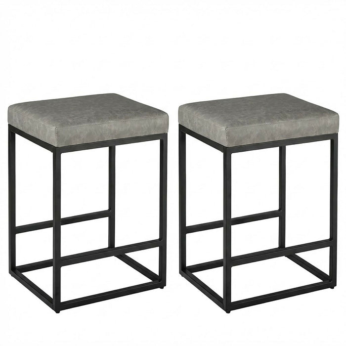 2PCS Square Bar Stool Set with PU Leather Cushion 24"Counter & Bar Height Heavy-Duty Metal Frame, Footrest, Non-Slip Feet for Kitchen Island, Bar, Dining