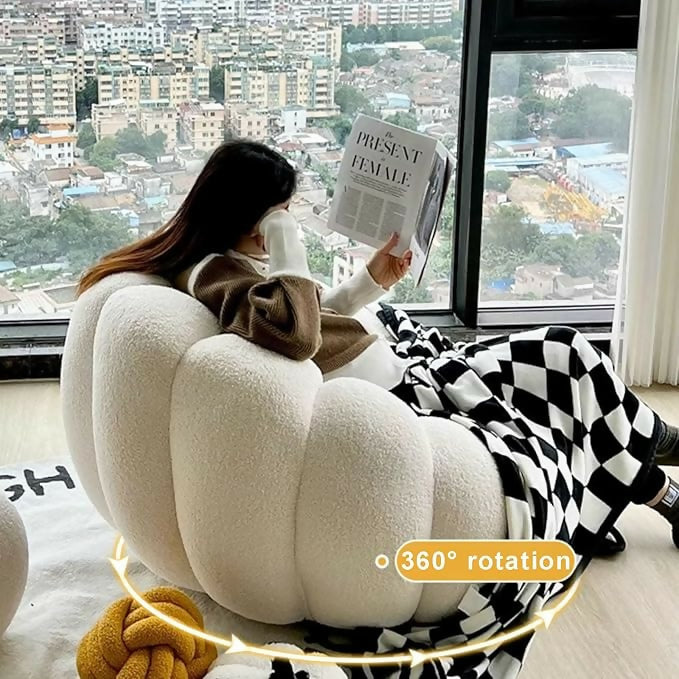 Pumpkin Swivel Accent Chair, Modern Lounge Sofa Round Barrel Chair, Wool Chair with Ottoman