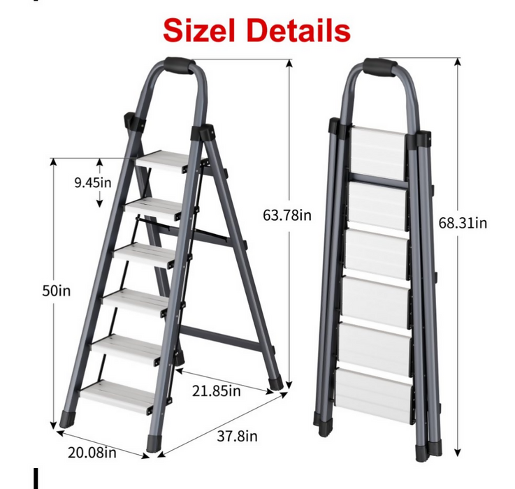 6-Step Folding Step Ladder with Handrail, Wide Anti-Slip Pedals, Space-Saving Foldable Design, Stable Triangular Frame, Carbon Steel Home Ladder for Kitchen, Closet, Office, Grey