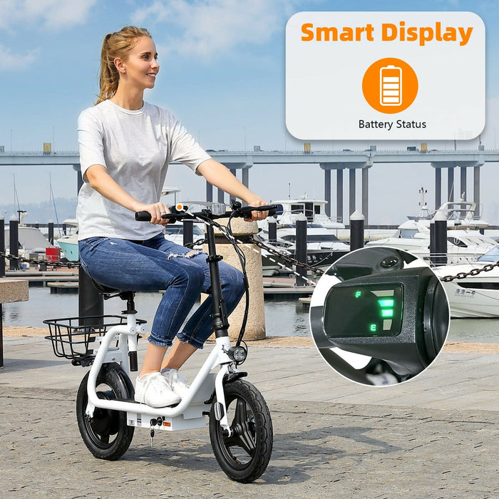 Adult Electric Scooter with Seat, 750W Motor, 14-Inch Pneumatic Tires, Foldable Handlebar, Rear Basket, Front & Rear Disc Brakes, LED Lights, LCD Display, Black Commuter E-Scooter Model P1402