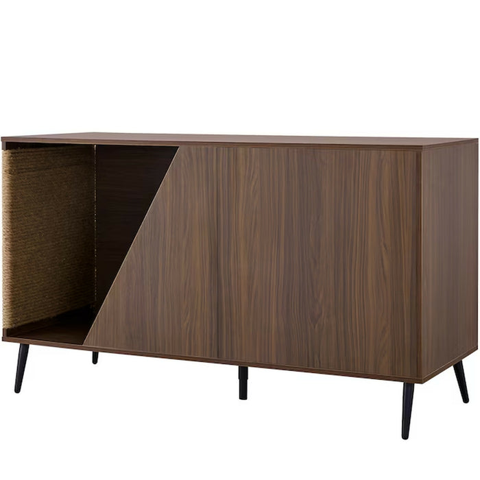 Cat Litter Box Enclosure Furniture, Modern Walnut Cat House Cabinet with Sisal Scratcher, Hidden Cat Washroom Side Table with Storage Door