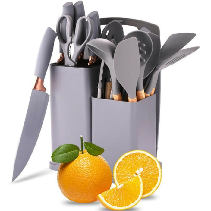 19-Piece Kitchen Utensil & Knife Set – Silicone Cooking Tools (11PCS) with 5 Knives, Scissors & Cutting Board, Heat-Resistant Non-Stick Cookware Set