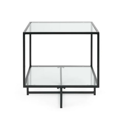 Glass End Table, Modern Side Coffee Table with 2 Tier Storage, Black Metal Frame for Home, Living Room, Bedroom