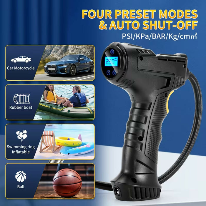 Portable Tire Inflator Air Compressor, 150 PSI Cordless Air Pump with 4000mAh Rechargeable Battery, Digital Pressure Gauge, Auto Shut-Off, LED Light, for Car, Motorcycle, Bicycle & Sports Balls