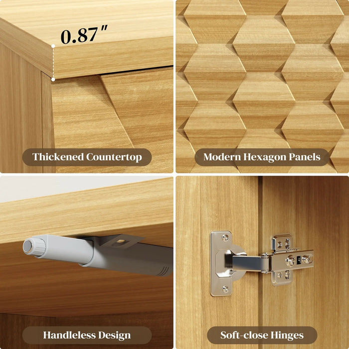 Sideboard Storage Cabinet with Doors Modern 3D Hexagon Design, Soft-Close Hinges, Handleless Push-Open, Thickened Top 31.5” Wide Buffet Cabinet for Dining Room, Living Room