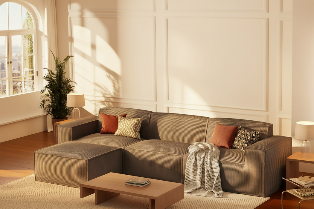 111" Modular Boneless Compressed Sofa, Grey Corduroy Sectional Sofa & Ottoman Set - Grey Tofu Couch