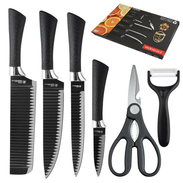 6-Piece Kitchen Knife Set with Ceramic Peeler & Scissors Ultra-Sharp Stainless Steel Blades, Non-Stick Corrugated Design, Ergonomic Handles Chef, Cleaver, Carving & Paring Knives