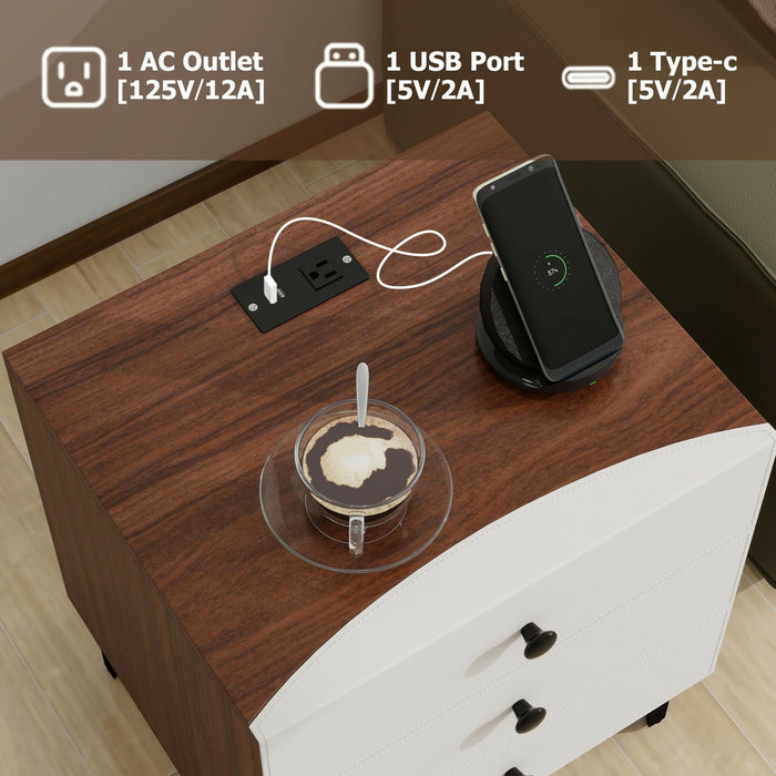 Nightstand with Charging Station, 3 Drawer Wood Bedside Table with Leather-Style Fronts, AC Outlet + USB + Type-C, Modern End Table for Bedroom Living Room Apartment
