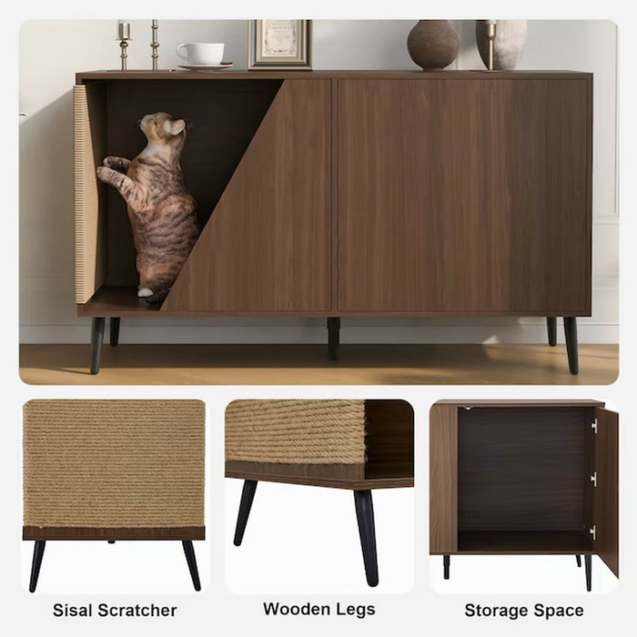 Cat Litter Box Enclosure Furniture, Modern Walnut Cat House Cabinet with Sisal Scratcher, Hidden Cat Washroom Side Table with Storage Door