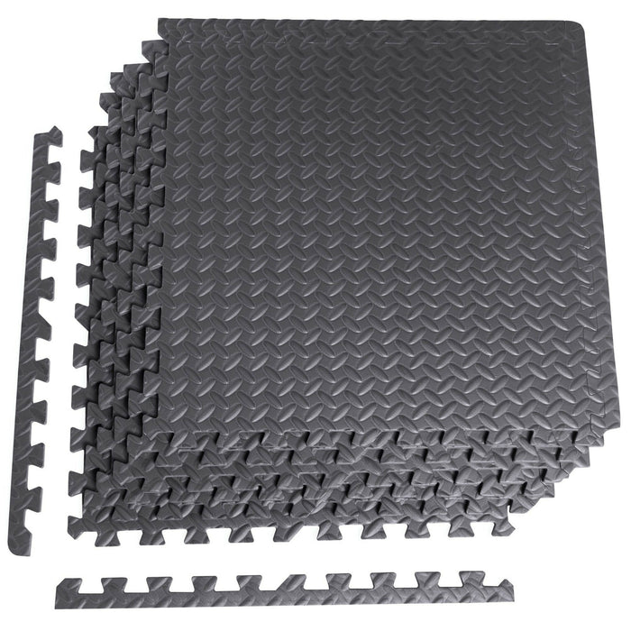 Interlocking Exercise Floor Mats 6-Piece EVA Foam Gym Flooring Tiles with Edge Borders, Textured Anti-Slip Surface, 57.3 cm Black Puzzle Mat for Home Gym & Workout Areas