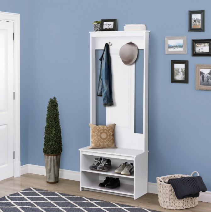 Maxxus Lambert Casual Contemporary Particle Board White Hall Tree and Shoe Bench