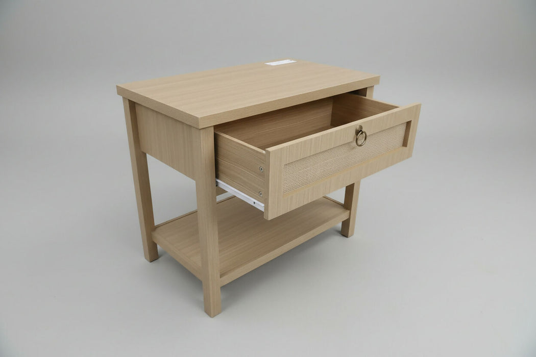 27" Rattan Nightstand with Built-in Charging Station – Modern Boho End Table with Drawer & Open Shelf