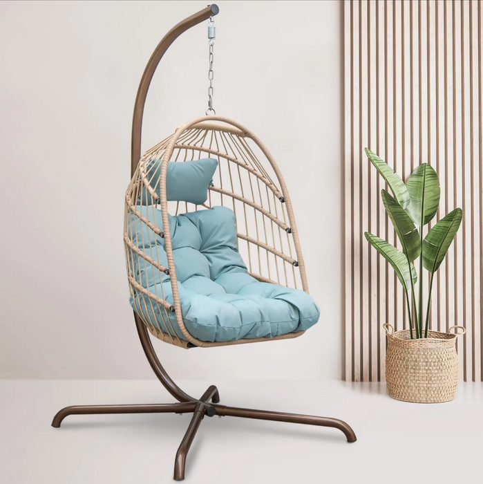 Hanging Egg Chair with Stand, Swinging Wicker Chair with Breathable Cushions
