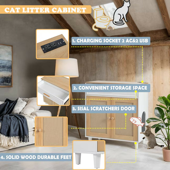Cat Litter Box Enclosure Furniture, Hidden Cat Washroom Cabinet with Scratcher Doors, Storage Drawer, 2 AC Outlets & 2 USB Ports, 31.5 x 15.8 x 32.5 in, White/Natural Side Table