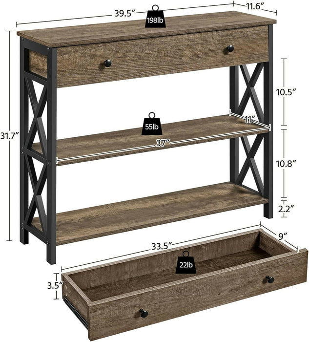 Industrial Console Table with Drawer – 100cm Narrow Entry Table with 2-Tier Storage Shelves and Metal Frame, Taupe Wood