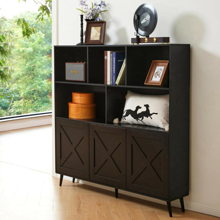 Wooden Bookcase, Tall Bookshelf Bookcase with Doors, Black Bookshelf Cabinet with Storage, Book Cases Display Cabinet Bookshelves for Home, Office, Living Room, Bedroom