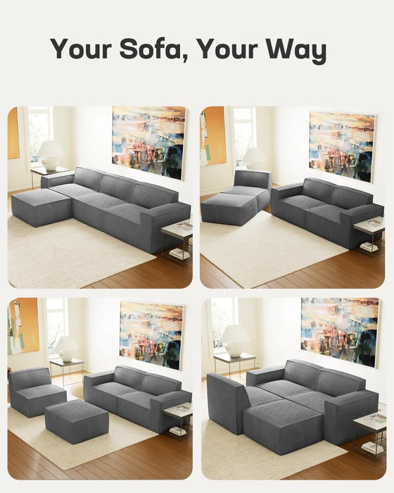111" Modular Boneless Compressed Sofa, Grey Corduroy Sectional Sofa & Ottoman Set - Grey Tofu Couch
