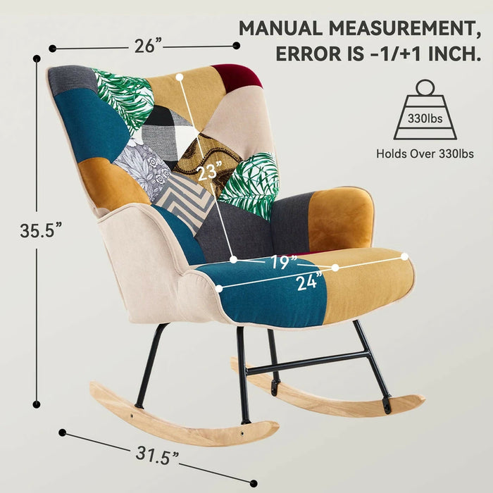 Patchwork Upholstered Rocking Chair Wingback Accent Glider with Solid Wood Rockers & Steel Frame 26" Wide Comfy Nursery & Living Room Rocker 330 lb Capacity