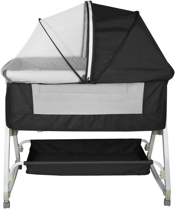 Premium Baby Bassinet Bedside Sleeper with Cradle Function and Lockable Wheels, Storage Tray, Breathable Mesh Sides and Cover, 7-Height Adjustable, Easy-Fold Crib for Newborns