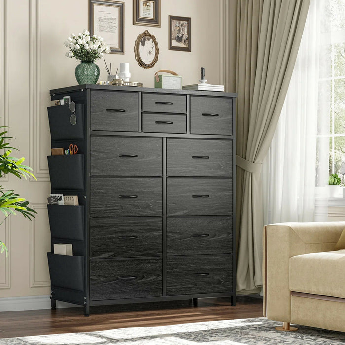 12-Drawer Dresser with Side Storage Pockets, Tall Chest of Drawers for Bedroom, Closet & Living Room, Fabric Dresser Organizer with Wood Top, Metal Frame – Large Capacity Storage Cabinet