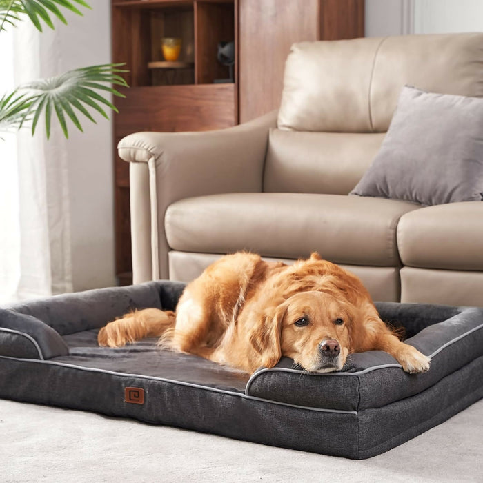 Memory Foam Orthopedic Dog Bed XL with Sides, Waterproof Liner Dog Beds for Extra Large Dogs, Non-Slip Bottom and Egg-Crate Foam Big Dog Couch Bed with Washable Removable Cover - Dark Grey