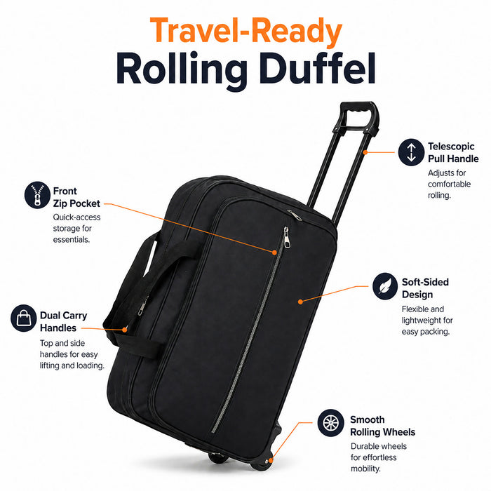 Rolling Duffel Bag, Compact Travel Bag with Wheels, Telescopic Pull Handle, Front Zip Pocket, Dual Carry Handles, 53 x 33 x 22 cm, Black Soft-Sided Weekender Luggage for Short Trips