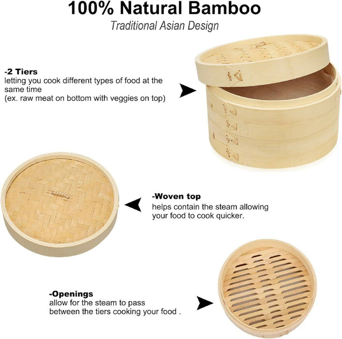 Bamboo Steamer 10 Inch, 2 Tier Steamer Basket & Lid, Dumpling Steamer, Dim Sum Steamer Basket, with Round Shape Mesh Non-Stick Pad, Steaming for Vegetables, Bao Bun, Rice, Chicken, Fish & Meat