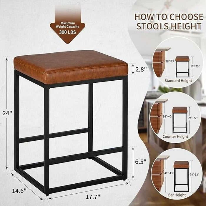 2PCS Square Bar Stool Set with PU Leather Cushion 24"Counter & Bar Height Heavy-Duty Metal Frame, Footrest, Non-Slip Feet for Kitchen Island, Bar, Dining
