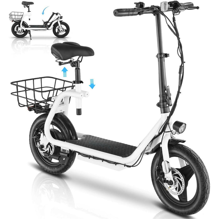 Adult Electric Scooter with Seat, 750W Motor, 14-Inch Pneumatic Tires, Foldable Handlebar, Rear Basket, Front & Rear Disc Brakes, LED Lights, LCD Display, Black Commuter E-Scooter Model P1402