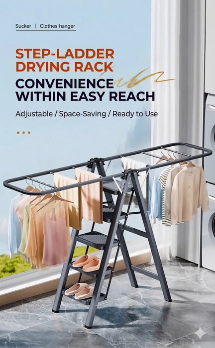 Step Ladder Drying Rack Foldable Height-Adjustable Clothes Drying Stand with Wide Non-Slip Steps 5-Step Laundry Ladder Rack Indoor Space-Saving Clothes Hanger Model LYJ5STEP