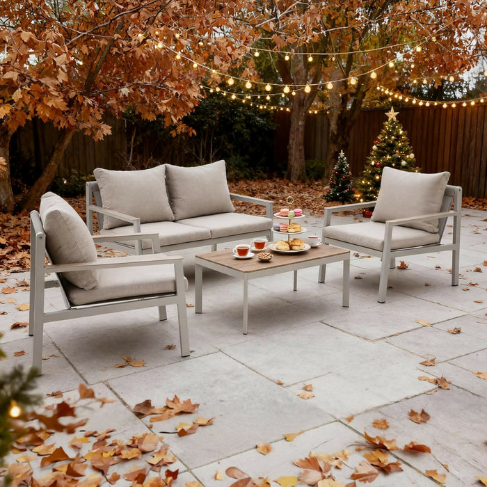 4-Piece Patio Furniture Set with All-Aluminum Rust-Resistant Frame, 2 Accent Chairs, Loveseat, and Faux Teak Coffee Table