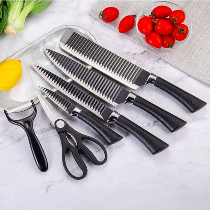 6-Piece Kitchen Knife Set with Ceramic Peeler & Scissors Ultra-Sharp Stainless Steel Blades, Non-Stick Corrugated Design, Ergonomic Handles Chef, Cleaver, Carving & Paring Knives
