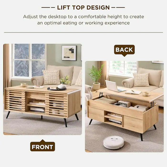 Lift Top Coffee Table, 48 Inch Mid Century Modern Coffee Table with Hidden Storage, Sliding Slatted Doors, Open Shelves, Rounded Edges, Wood Grain Finish for Living Room