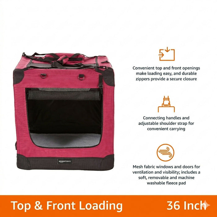 Soft Dog Crate 91 cm Foldable Portable Pet Carrier with Mesh Windows, Top & Front Openings, Carry Handles, Shoulder Strap & Washable Fleece Pad Red Indoor Travel Crate