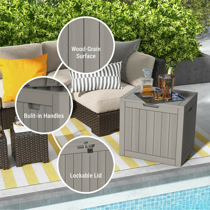 Outdoor Storage Box, Waterproof Resin Deck Storage Chest with Lockable Lid, Wood-Grain Look, Built-In Handles, All-Weather Patio Garden Pool Cushion Storage (Grey)