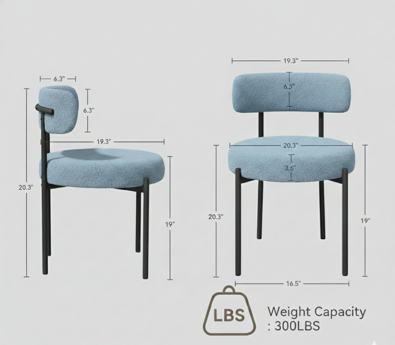 Teddy Fabric Dining Chair with Sherpa Fleece, Metal Legs, Ergonomic Backrest, 300 lbs Capacity, Blue, 20" x 18" x 30.5, Grey Blue