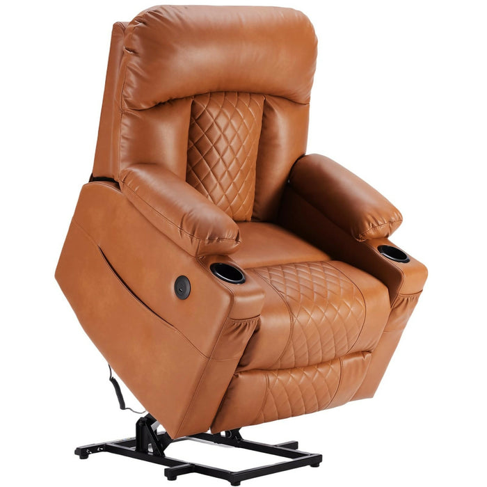 Power Lift Recliner Chair for Adults, Dual Motor Lay Flat Reclining Chair with Heat, Massage, USB Ports, Cup Holders, Side Pockets, Brown, Living Room Relaxation Chair