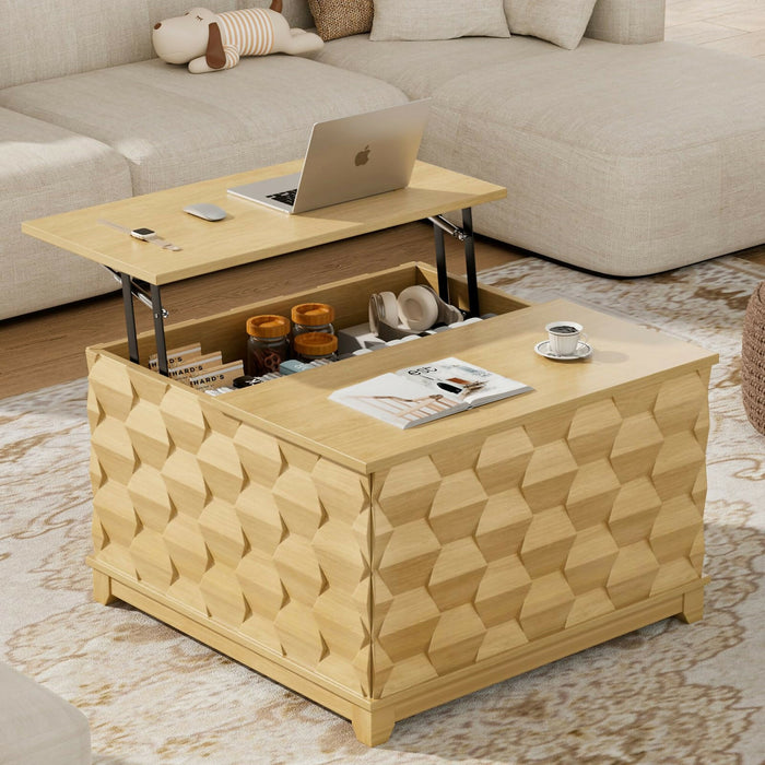 升降茶几 液壓升降枱面・隱藏收納・立體木紋設計｜Lift Top Coffee Table Hydraulic Lift Mechanism, Hidden Storage Compartment, Sliding Top Rails, 3D Textured Wood Design Modern Living Room Table 41.7”