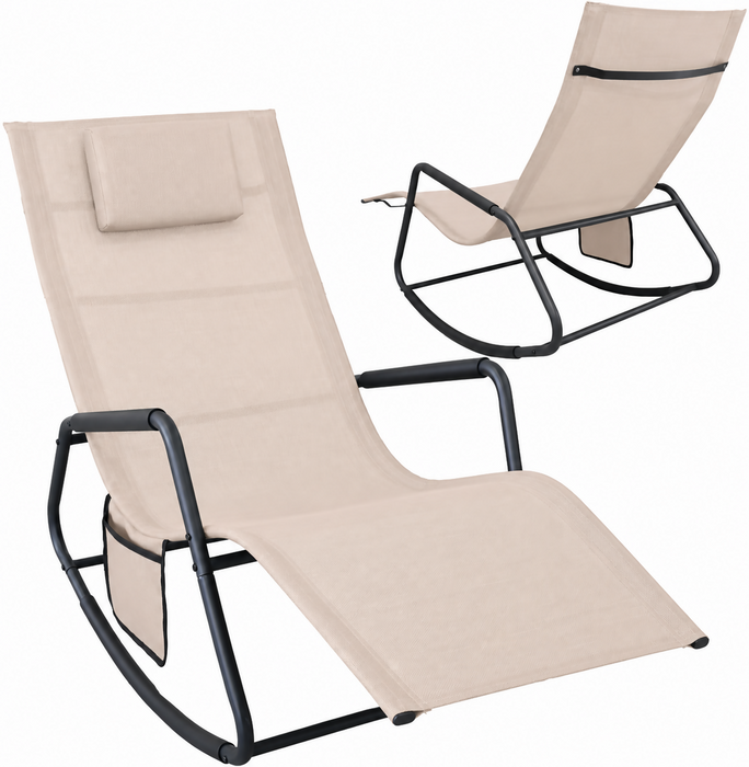 Set of 2 Outdoor Rocking Lounge Chairs, Ergonomic Textilene Chaise Loungers with Side Pockets & Removable Headrests, Breathable All-Weather Patio Chairs for Poolside, Garden & Porch, Gray and Beige