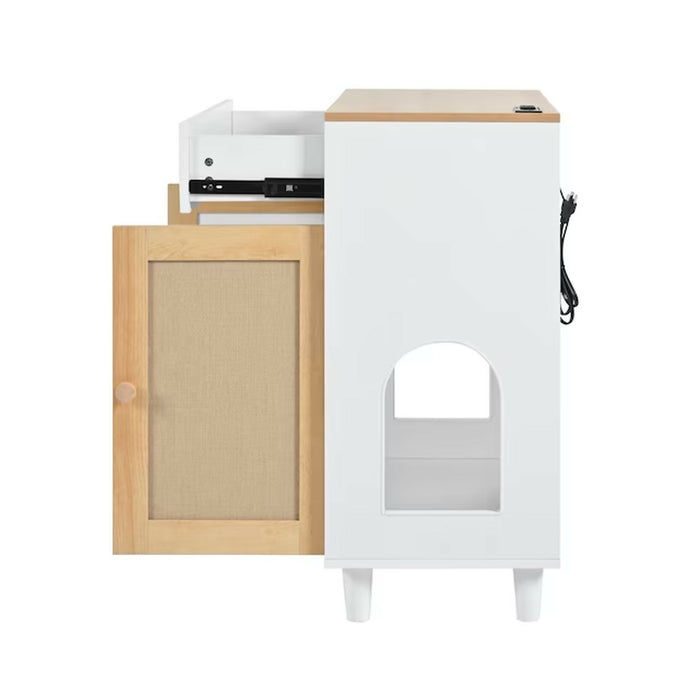 Cat Litter Box Enclosure Furniture, Hidden Cat Washroom Cabinet with Scratcher Doors, Storage Drawer, 2 AC Outlets & 2 USB Ports, 31.5 x 15.8 x 32.5 in, White/Natural Side Table