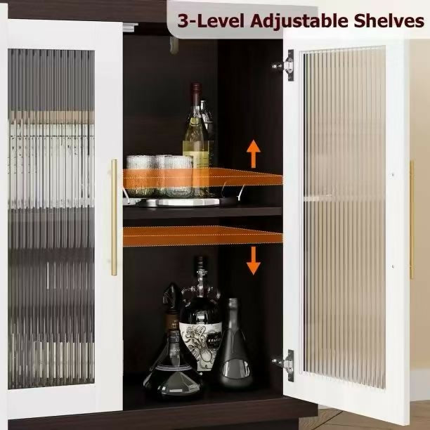 Wooden 55.1"W Modern Sideboard Buffet with Fluted Glass Doors, Accent Cabinet Console Table TV Stand, Brown & White