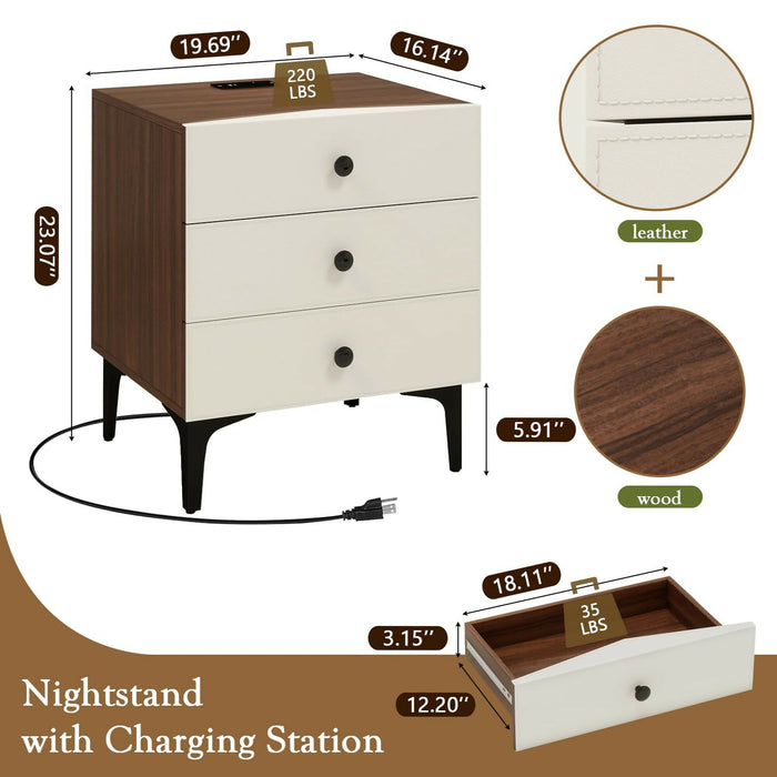 Nightstand with Charging Station, 3 Drawer Wood Bedside Table with Leather-Style Fronts, AC Outlet + USB + Type-C, Modern End Table for Bedroom Living Room Apartment