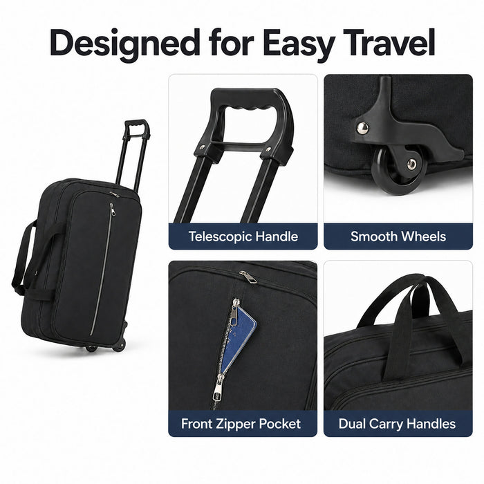 Rolling Duffel Bag, Compact Travel Bag with Wheels, Telescopic Pull Handle, Front Zip Pocket, Dual Carry Handles, 53 x 33 x 22 cm, Black Soft-Sided Weekender Luggage for Short Trips