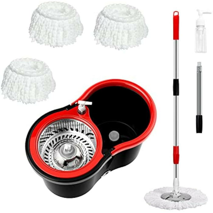 Spin Mop & Bucket Set with Wringer – 360° Rotating Microfiber Mop, Self-Wringing System, Telescopic Stainless Steel Handle, 3 Reusable Mop Heads, Dual-Chamber Bucket with Soap Dispenser for Floor Cleaning